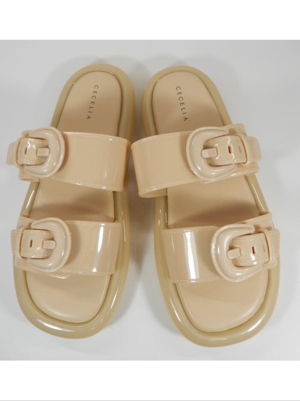 CECELIA NEW YORK Jump Jelly Slide Platform Sandals Size 9 Double Buckle Nude NEW
